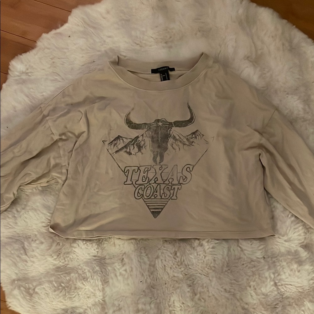 Cropped Beige Texas Coast Graphic Long Sleeve Top